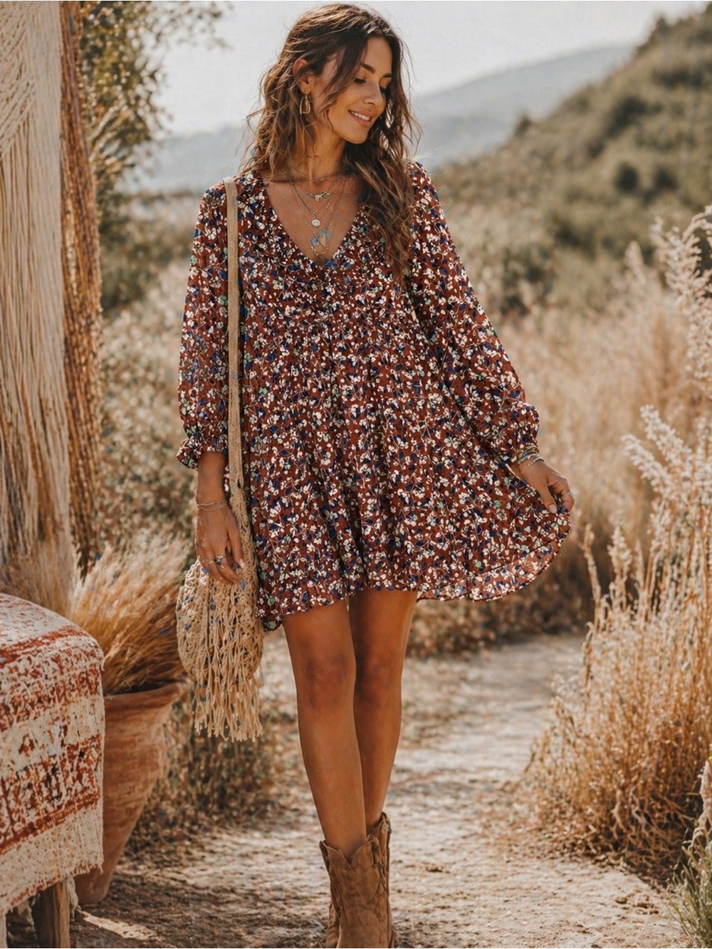 Umgee Corduroy Rust Floral V-Neck Long Sleeve Mini Dress